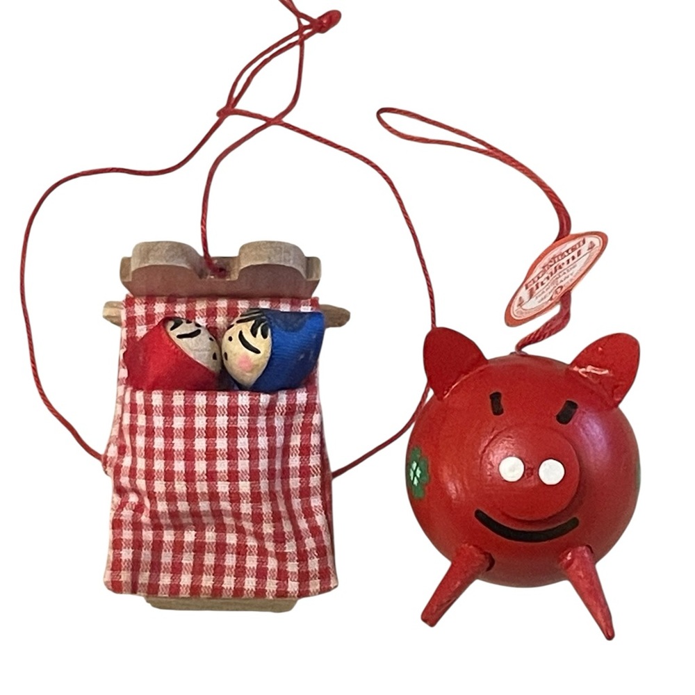 Authentic Rare Vintage Steinbach German Wood Babies in Cradle/Cute Pig Ornaments